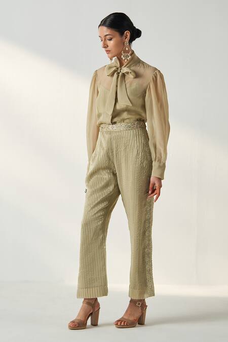 Shop Studio Bagechaa Green Chanderi, Organza, Cotton Padma Bow Tie Up Collar Shirt Pant Set Online at Aza Fashions Shop_Studio Bagechaa_Green Chanderi, Organza, Cotton Padma Bow Tie Up Collar Shirt Pant Set _Online_at_Aza_Fashions