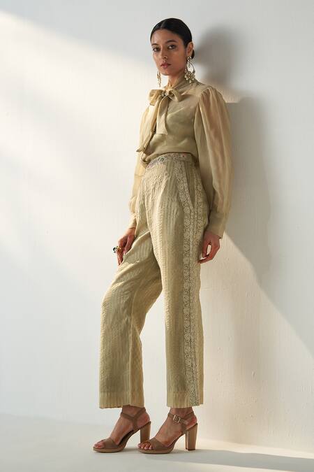 Studio Bagechaa Green Chanderi, Organza, Cotton Padma Bow Tie Up Collar Shirt Pant Set at Aza Fashions Studio Bagechaa_Green Chanderi, Organza, Cotton Padma Bow Tie Up Collar Shirt Pant Set _at_Aza_Fashions