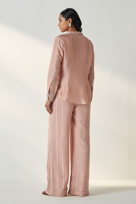 Shop Studio Bagechaa Pink Denim, Georgette Embroidery Collared Tisya Ivy Vine Shirt Pant Set at Aza Fashions Shop_Studio Bagechaa_Pink Denim, Georgette Embroidery Collared Tisya Ivy Vine Shirt Pant Set _at_Aza_Fashions