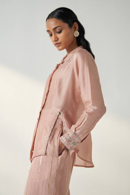 Studio Bagechaa Pink Denim, Georgette Embroidery Collared Tisya Ivy Vine Shirt Pant Set Online at Aza Fashions Studio Bagechaa_Pink Denim, Georgette Embroidery Collared Tisya Ivy Vine Shirt Pant Set _Online_at_Aza_Fashions