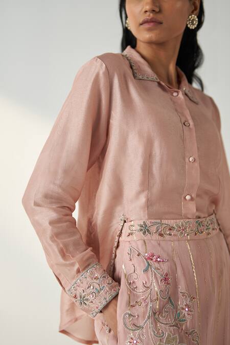 Buy Studio Bagechaa Pink Denim, Georgette Embroidery Collared Tisya Ivy Vine Shirt Pant Set Online at Aza Fashions Buy_Studio Bagechaa_Pink Denim, Georgette Embroidery Collared Tisya Ivy Vine Shirt Pant Set _Online_at_Aza_Fashions