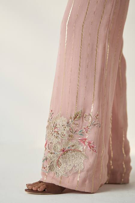 Shop Studio Bagechaa Pink Denim, Georgette Embroidery Collared Tisya Ivy Vine Shirt Pant Set Online at Aza Fashions Shop_Studio Bagechaa_Pink Denim, Georgette Embroidery Collared Tisya Ivy Vine Shirt Pant Set _Online_at_Aza_Fashions