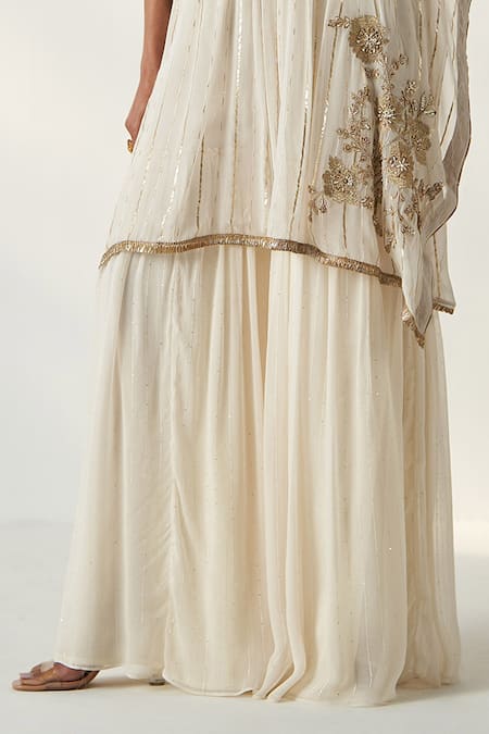 Studio Bagechaa_Ivory Georgette, Cotton Embroidery, Sequins Suhana Lily Garden Kaftan Set _Online_at_Aza_Fashions