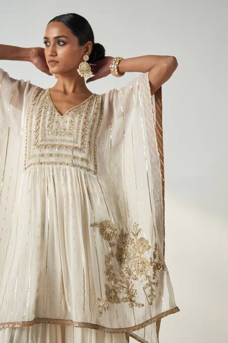 Buy_Studio Bagechaa_Ivory Georgette, Cotton Embroidery, Sequins Suhana Lily Garden Kaftan Set _Online_at_Aza_Fashions
