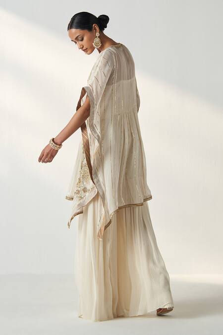 Shop_Studio Bagechaa_Ivory Georgette, Cotton Embroidery, Sequins Suhana Lily Garden Kaftan Set _Online_at_Aza_Fashions