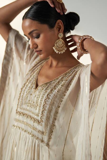Studio Bagechaa_Ivory Georgette, Cotton Embroidery, Sequins Suhana Lily Garden Kaftan Set _at_Aza_Fashions