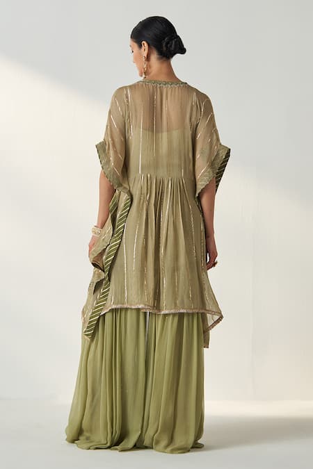 Shop Studio Bagechaa Green Georgette, Cotton Embroidery, Sequins V-neck Suhana Lily Bloom Kaftan Set at Aza Fashions Shop_Studio Bagechaa_Green Georgette, Cotton Embroidery, Sequins V-neck Suhana Lily Bloom Kaftan Set _at_Aza_Fashions