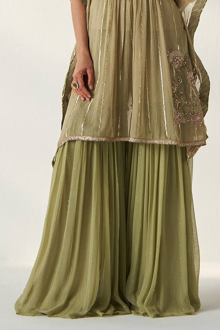 Studio Bagechaa Green Georgette, Cotton Embroidery, Sequins V-neck Suhana Lily Bloom Kaftan Set Online at Aza Fashions Studio Bagechaa_Green Georgette, Cotton Embroidery, Sequins V-neck Suhana Lily Bloom Kaftan Set _Online_at_Aza_Fashions