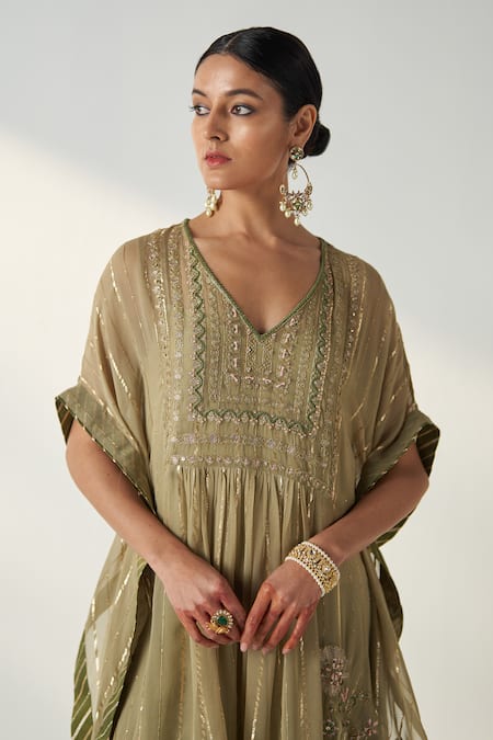 Buy Studio Bagechaa Green Georgette, Cotton Embroidery, Sequins V-neck Suhana Lily Bloom Kaftan Set Online at Aza Fashions Buy_Studio Bagechaa_Green Georgette, Cotton Embroidery, Sequins V-neck Suhana Lily Bloom Kaftan Set _Online_at_Aza_Fashions