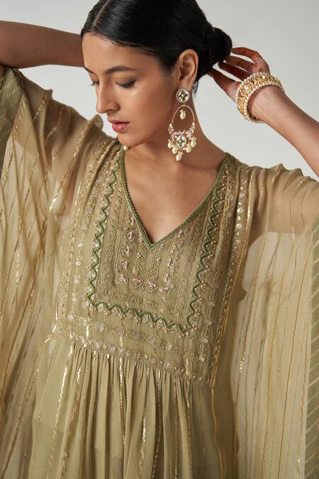 Studio Bagechaa Green Georgette, Cotton Embroidery, Sequins V-neck Suhana Lily Bloom Kaftan Set at Aza Fashions Studio Bagechaa_Green Georgette, Cotton Embroidery, Sequins V-neck Suhana Lily Bloom Kaftan Set _at_Aza_Fashions