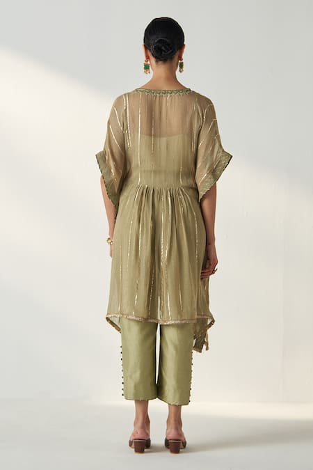 Shop Studio Bagechaa Green Georgette, Chanderi, Cotton Embroidery V-neck Rabhya Florence Kaftan Set at Aza Fashions Shop_Studio Bagechaa_Green Georgette, Chanderi, Cotton Embroidery V-neck Rabhya Florence Kaftan Set _at_Aza_Fashions