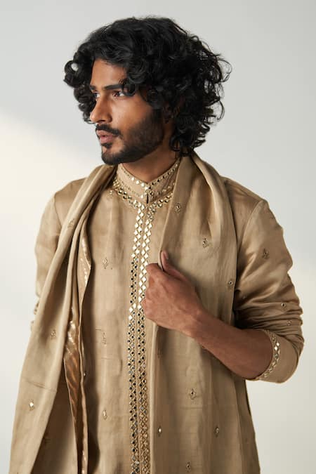 Studio Bagechaa Gold Chanderi Silk Mirrors, Diamonds Vivaan Embroidered Kurta Set With Stole Online at Aza Fashions Studio Bagechaa_Gold Chanderi Silk Mirrors, Diamonds Vivaan Embroidered Kurta Set With Stole _Online_at_Aza_Fashions