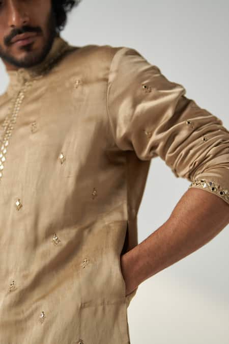Buy Studio Bagechaa Gold Chanderi Silk Mirrors, Diamonds Vivaan Embroidered Kurta Set With Stole Online at Aza Fashions Buy_Studio Bagechaa_Gold Chanderi Silk Mirrors, Diamonds Vivaan Embroidered Kurta Set With Stole _Online_at_Aza_Fashions