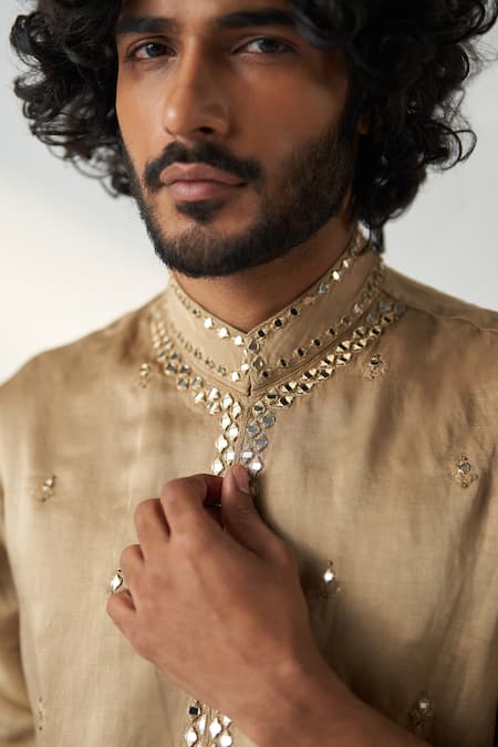 Shop Studio Bagechaa Gold Chanderi Silk Mirrors, Diamonds Vivaan Embroidered Kurta Set With Stole Online at Aza Fashions Shop_Studio Bagechaa_Gold Chanderi Silk Mirrors, Diamonds Vivaan Embroidered Kurta Set With Stole _Online_at_Aza_Fashions