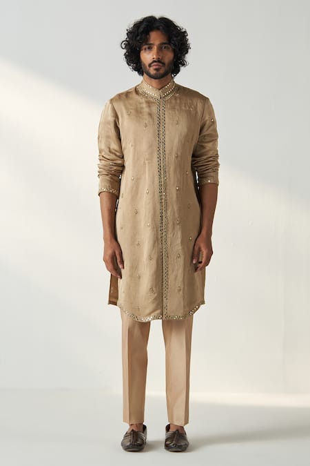 Shop Studio Bagechaa Gold Chanderi Silk Mirrors, Diamonds Vivaan Embroidered Kurta Set With Stole at Aza Fashions Shop_Studio Bagechaa_Gold Chanderi Silk Mirrors, Diamonds Vivaan Embroidered Kurta Set With Stole _at_Aza_Fashions