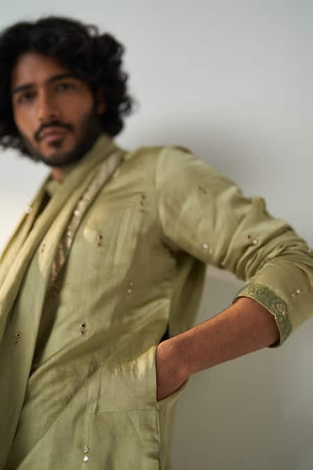 Studio Bagechaa Green Chanderi Silk Embroidery Nayaan Mirror Kurta Set With Stole Online at Aza Fashions Studio Bagechaa_Green Chanderi Silk Embroidery Nayaan Mirror Kurta Set With Stole _Online_at_Aza_Fashions