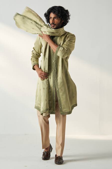 Shop Studio Bagechaa Green Chanderi Silk Embroidery Nayaan Mirror Kurta Set With Stole Online at Aza Fashions Shop_Studio Bagechaa_Green Chanderi Silk Embroidery Nayaan Mirror Kurta Set With Stole _Online_at_Aza_Fashions