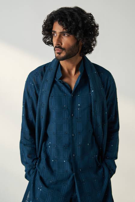 Studio Bagechaa_Blue Chanderi Silk Embroidery Ayaan Mirror Kurta Set With Stole_Online_at_Aza_Fashions