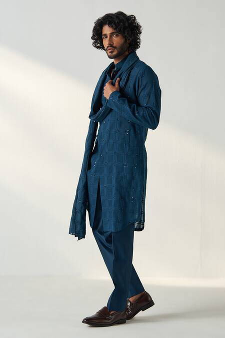 Shop_Studio Bagechaa_Blue Chanderi Silk Embroidery Ayaan Mirror Kurta Set With Stole_Online_at_Aza_Fashions
