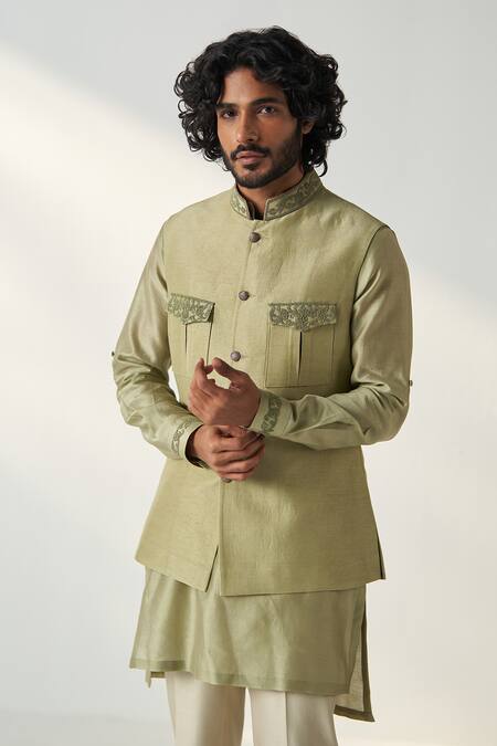 Buy Studio Bagechaa Green Chanderi Silk, Linen, Satin Embroidery Kurta Set With Bundi Online at Aza Fashions Buy_Studio Bagechaa_Green Chanderi Silk, Linen, Satin Embroidery Kurta Set With Bundi_Online_at_Aza_Fashions