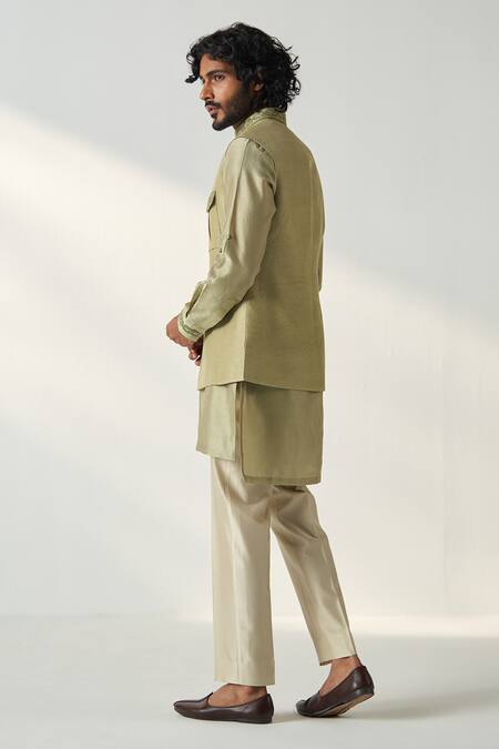 Shop Studio Bagechaa Green Chanderi Silk, Linen, Satin Embroidery Kurta Set With Bundi Online at Aza Fashions Shop_Studio Bagechaa_Green Chanderi Silk, Linen, Satin Embroidery Kurta Set With Bundi_Online_at_Aza_Fashions