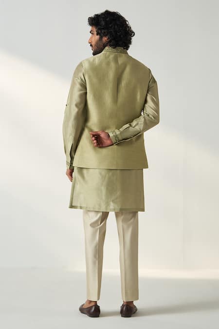 Shop Studio Bagechaa Green Chanderi Silk, Linen, Satin Embroidery Kurta Set With Bundi at Aza Fashions Shop_Studio Bagechaa_Green Chanderi Silk, Linen, Satin Embroidery Kurta Set With Bundi_at_Aza_Fashions