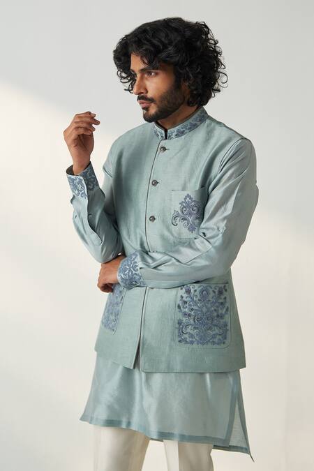 Buy Studio Bagechaa Gray Chanderi Silk, Linen, Satin Embroidery Grey Dori Kurta Set With Bundi Online at Aza Fashions Buy_Studio Bagechaa_Gray Chanderi Silk, Linen, Satin Embroidery Grey Dori Kurta Set With Bundi_Online_at_Aza_Fashions