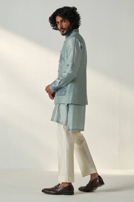 Shop Studio Bagechaa Gray Chanderi Silk, Linen, Satin Embroidery Grey Dori Kurta Set With Bundi Online at Aza Fashions Shop_Studio Bagechaa_Gray Chanderi Silk, Linen, Satin Embroidery Grey Dori Kurta Set With Bundi_Online_at_Aza_Fashions