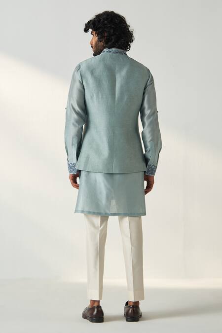 Shop Studio Bagechaa Gray Chanderi Silk, Linen, Satin Embroidery Grey Dori Kurta Set With Bundi at Aza Fashions Shop_Studio Bagechaa_Gray Chanderi Silk, Linen, Satin Embroidery Grey Dori Kurta Set With Bundi_at_Aza_Fashions