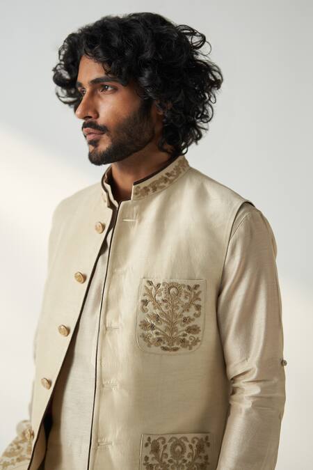 Studio Bagechaa_Gold Chanderi Silk, Linen, Satin Embroidery Dori Kurta Set With Bundi_Online_at_Aza_Fashions