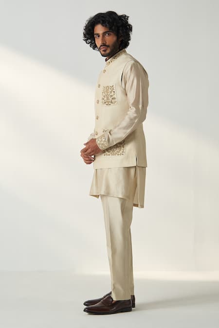 Shop_Studio Bagechaa_Gold Chanderi Silk, Linen, Satin Embroidery Dori Kurta Set With Bundi_Online_at_Aza_Fashions