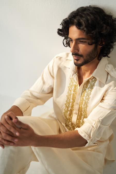 Studio Bagechaa_Ivory Linen, Satin Embroidery Mehul Dori Neck Pathani Kurta With Salwar _Online_at_Aza_Fashions