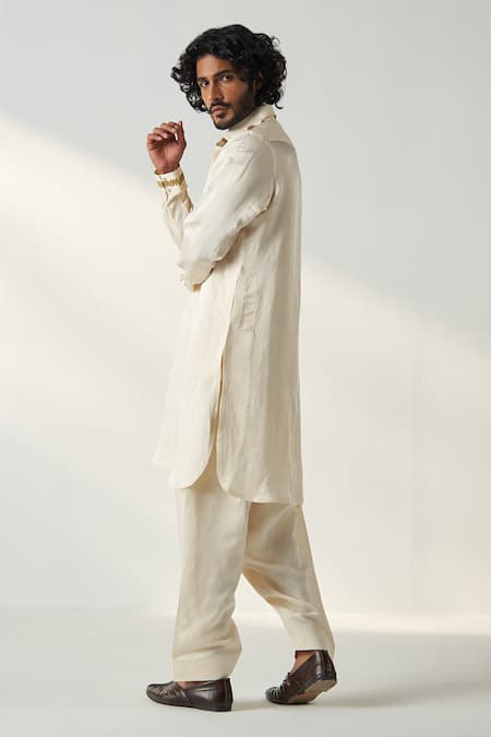 Shop_Studio Bagechaa_Ivory Linen, Satin Embroidery Mehul Dori Neck Pathani Kurta With Salwar _Online_at_Aza_Fashions