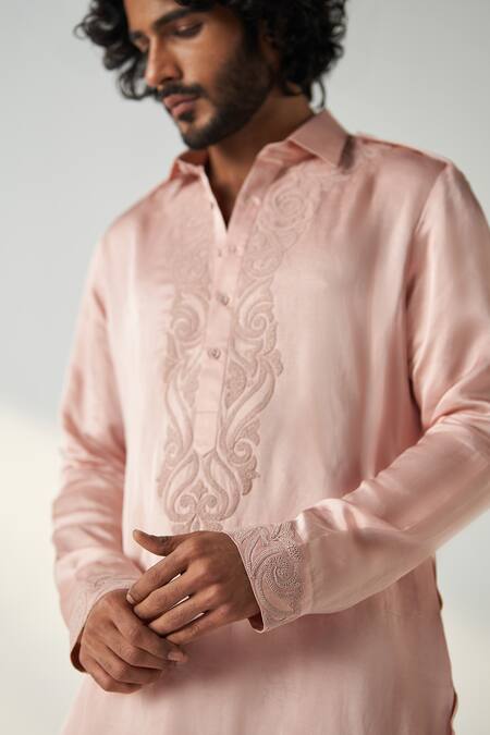 Studio Bagechaa_Pink Linen, Satin Embroidery Parag Dori Neck Pathani Kurta With Salwar _Online_at_Aza_Fashions