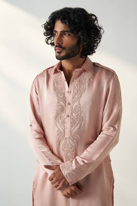 Buy_Studio Bagechaa_Pink Linen, Satin Embroidery Parag Dori Neck Pathani Kurta With Salwar _Online_at_Aza_Fashions