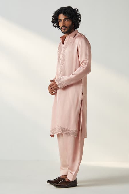 Shop_Studio Bagechaa_Pink Linen, Satin Embroidery Parag Dori Neck Pathani Kurta With Salwar _Online_at_Aza_Fashions
