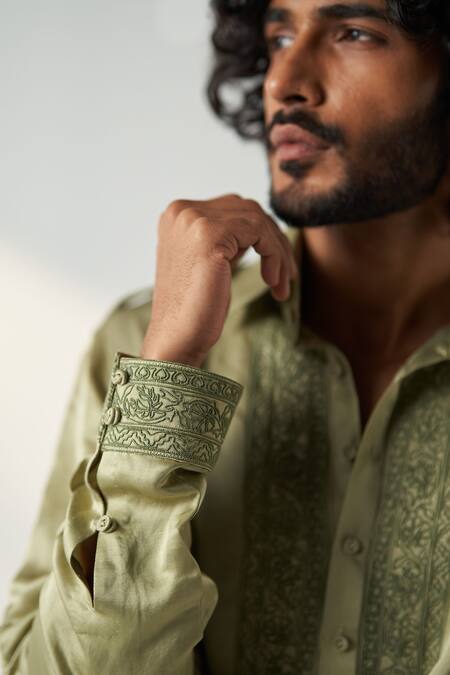 Studio Bagechaa_Green Linen, Satin Embroidery Rihaan Dori Neck Pathani Kurta With Salwar_Online_at_Aza_Fashions