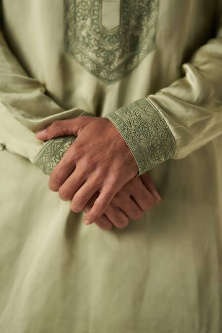 Buy_Studio Bagechaa_Green Linen, Satin Embroidery Rihaan Dori Neck Pathani Kurta With Salwar_Online_at_Aza_Fashions