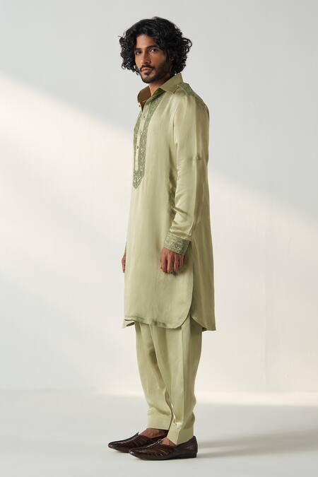 Studio Bagechaa_Green Linen, Satin Embroidery Rihaan Dori Neck Pathani Kurta With Salwar_at_Aza_Fashions