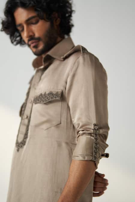 Studio Bagechaa Grey Linen, Satin Embroidery Parv Dori Neck Pathani Kurta With Salwar Online at Aza Fashions Studio Bagechaa_Grey Linen, Satin Embroidery Parv Dori Neck Pathani Kurta With Salwar _Online_at_Aza_Fashions