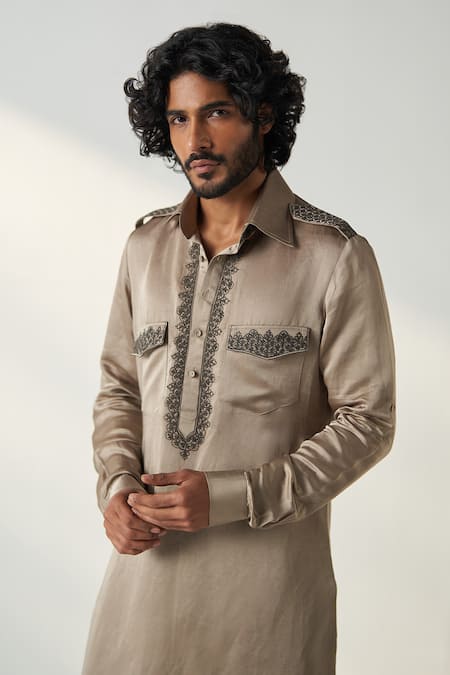 Buy Studio Bagechaa Grey Linen, Satin Embroidery Parv Dori Neck Pathani Kurta With Salwar Online at Aza Fashions Buy_Studio Bagechaa_Grey Linen, Satin Embroidery Parv Dori Neck Pathani Kurta With Salwar _Online_at_Aza_Fashions