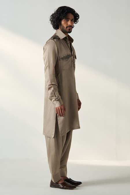 Shop Studio Bagechaa Grey Linen, Satin Embroidery Parv Dori Neck Pathani Kurta With Salwar Online at Aza Fashions Shop_Studio Bagechaa_Grey Linen, Satin Embroidery Parv Dori Neck Pathani Kurta With Salwar _Online_at_Aza_Fashions
