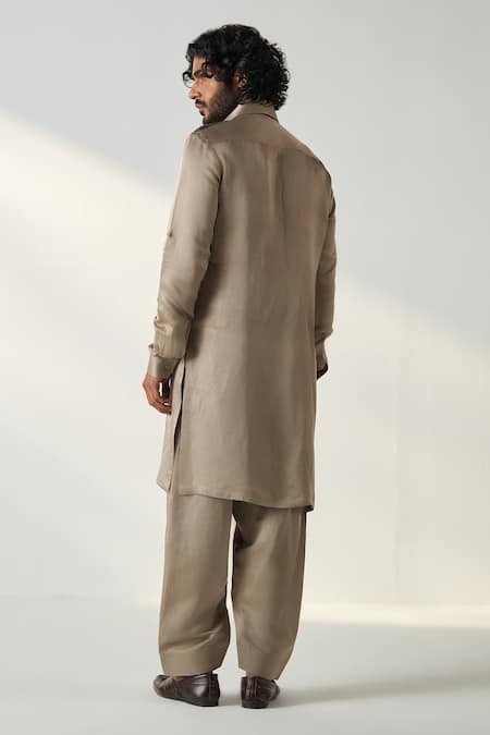 Shop Studio Bagechaa Grey Linen, Satin Embroidery Parv Dori Neck Pathani Kurta With Salwar at Aza Fashions Shop_Studio Bagechaa_Grey Linen, Satin Embroidery Parv Dori Neck Pathani Kurta With Salwar _at_Aza_Fashions