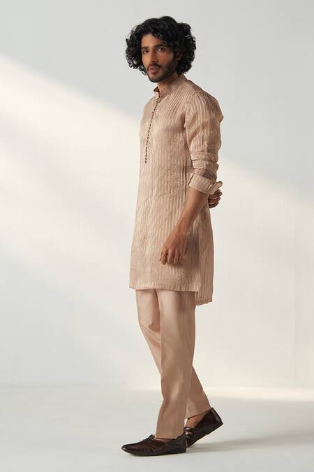 Shop_Studio Bagechaa_Beige Organza, Chanderi Metallic Thread Stripe Pattern Kurta Set _Online_at_Aza_Fashions