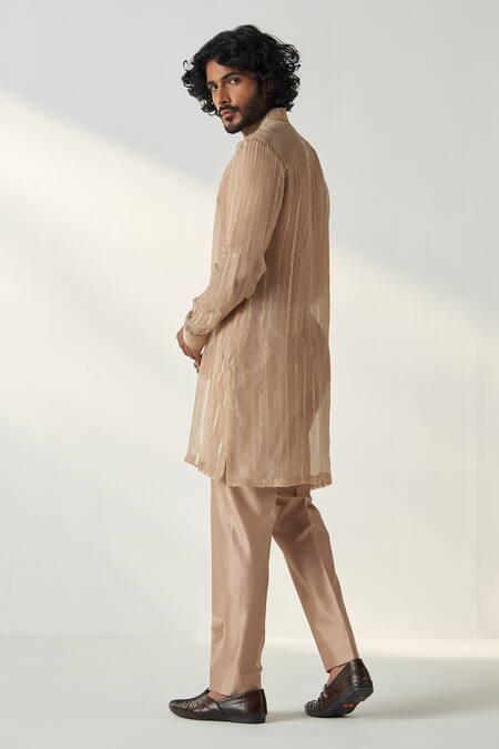 Studio Bagechaa Brown Chanderi, Georgette Omkar Stripe Pattern Kurta With Pant Online at Aza Fashions Studio Bagechaa_Brown Chanderi, Georgette Omkar Stripe Pattern Kurta With Pant _Online_at_Aza_Fashions