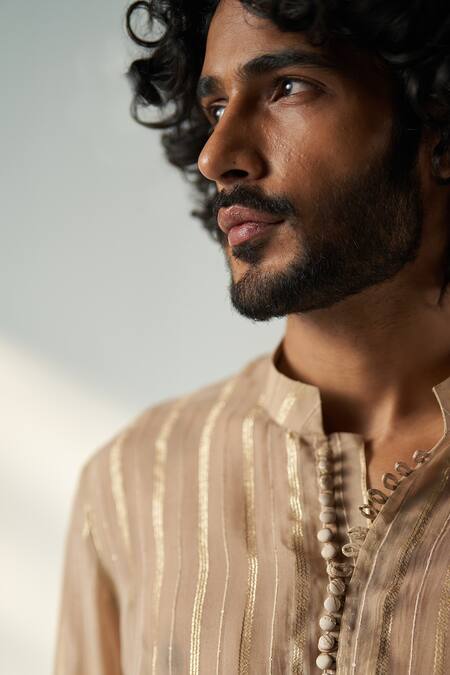 Shop Studio Bagechaa Brown Chanderi, Georgette Omkar Stripe Pattern Kurta With Pant Online at Aza Fashions Shop_Studio Bagechaa_Brown Chanderi, Georgette Omkar Stripe Pattern Kurta With Pant _Online_at_Aza_Fashions