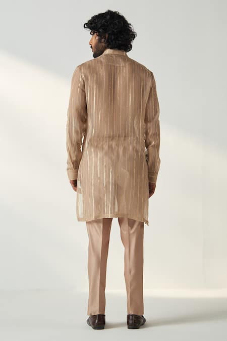 Shop Studio Bagechaa Brown Chanderi, Georgette Omkar Stripe Pattern Kurta With Pant at Aza Fashions Shop_Studio Bagechaa_Brown Chanderi, Georgette Omkar Stripe Pattern Kurta With Pant _at_Aza_Fashions