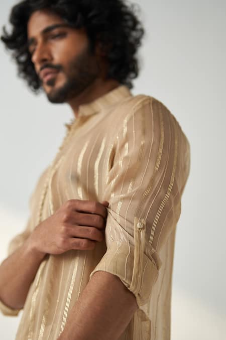 Studio Bagechaa Beige Chanderi, Georgette Embroidery Omkar Gold Coord Set Online at Aza Fashions Studio Bagechaa_Beige Chanderi, Georgette Embroidery Omkar Gold Coord Set _Online_at_Aza_Fashions