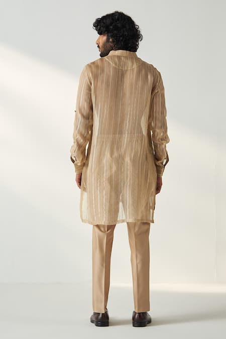 Shop Studio Bagechaa Beige Chanderi, Georgette Embroidery Omkar Gold Coord Set at Aza Fashions Shop_Studio Bagechaa_Beige Chanderi, Georgette Embroidery Omkar Gold Coord Set _at_Aza_Fashions