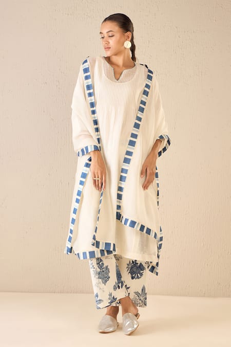 Shivani Bhargava Ivory Chanderi Printed Floral Round Neck Choga 